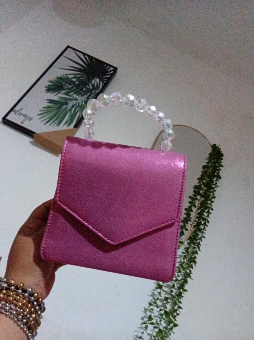 Shimmery Pink Mini Envelope Handbag with Beaded Handle